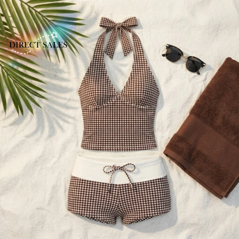 

Sweet Halter Neck Sling Two Pieces Bikini Suit Y2k Slim Fit Stripe Swimwear Set Summer V-Neck Beachwear Clothing Beach