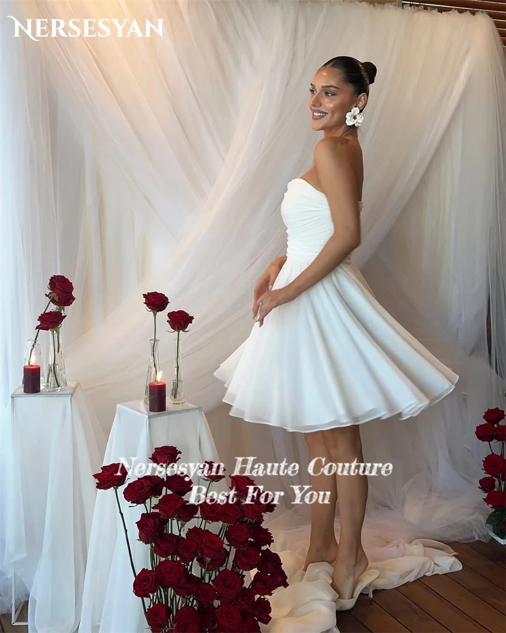 Nersesyan – robe de bal élégante en mousseline de soie, plissée, épaules dénudées, dos nu, longueur aux genoux, robes de soirée d'invitées de mariage personnalisées