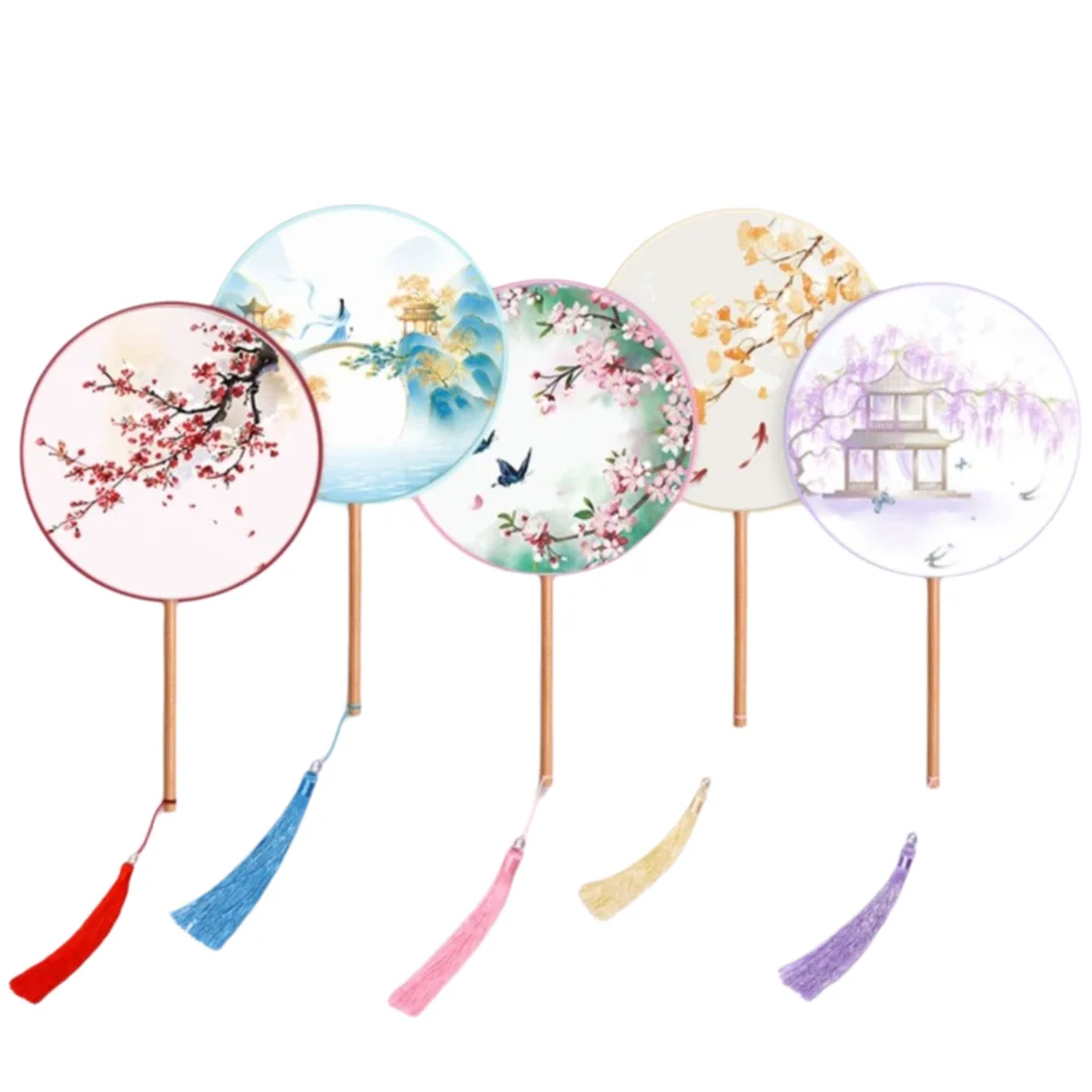 Silk Material Chinese Round Hand Fan Long Handle Ink Painting Ancient Tassel Dance Fan Round Shape Embroidery Design