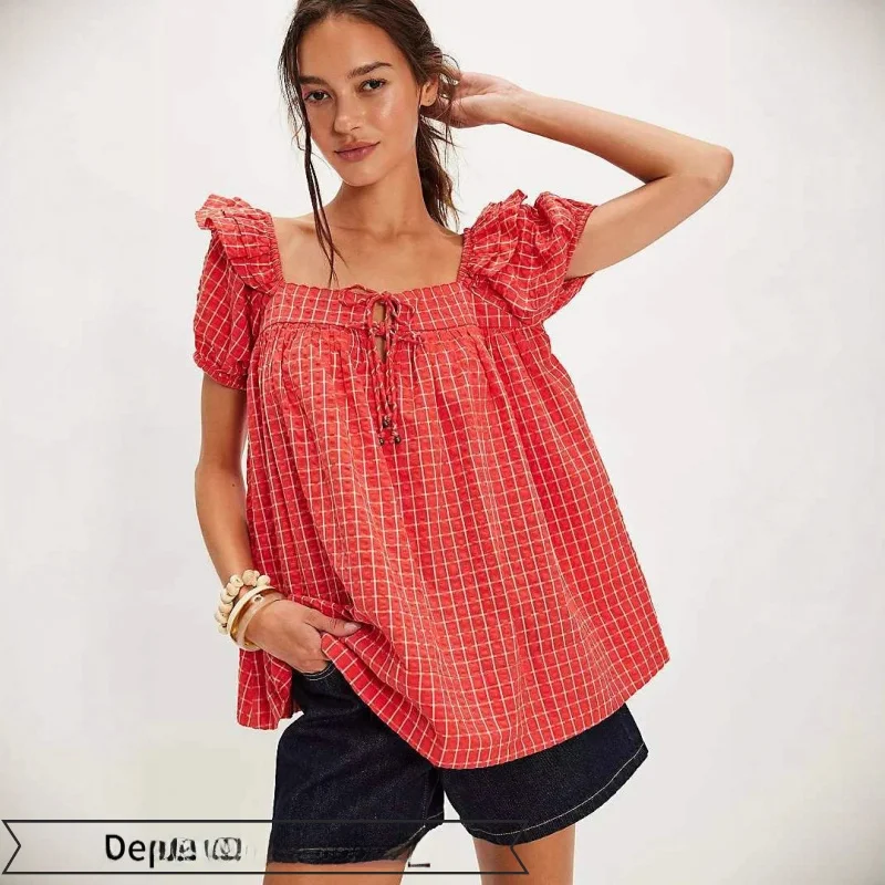 

Summer Plaid Belted Sexy Me Blouse for Women Ele Loose Fit Bubble Sve ort Sve Square Collar Polyester Fiber