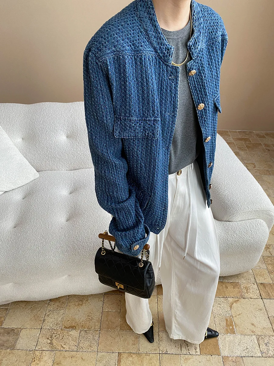 سترة نسائية كاجوال للخريف والشتاء بلون سادة وياقة واقفة وأكمام طويلة فضفاضة من قماش الدنيم