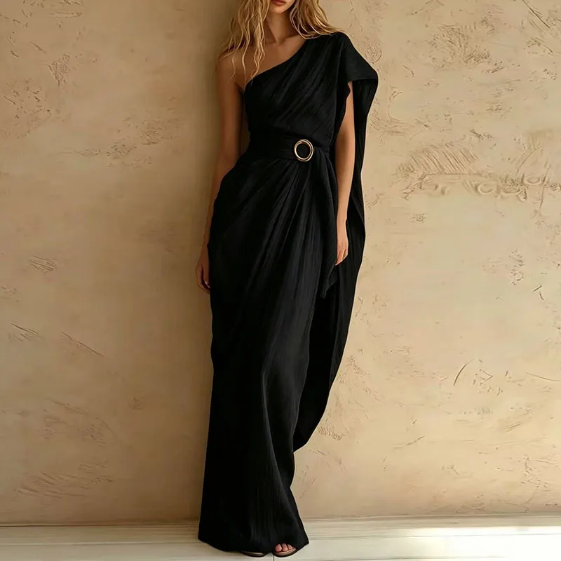 Women Crinkle Texture Solid One Shoulder Maxi Dress Draped Wrap Belted Waist With Ring Buckle Flowy Robe Summer Holiday Sundress - view 6