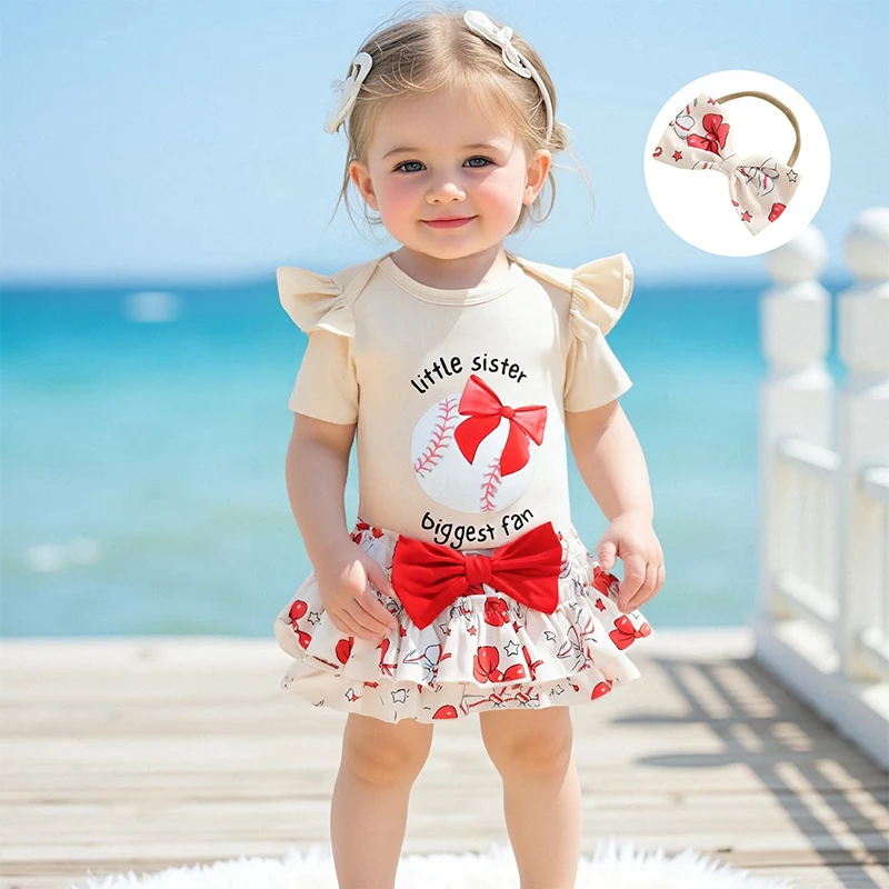 طفلة الصيف الزي البيسبول إلكتروني القوس طباعة قصيرة الأكمام رومبير تكدرت تنورة وعقال القوس مجموعة 3 قطع #4