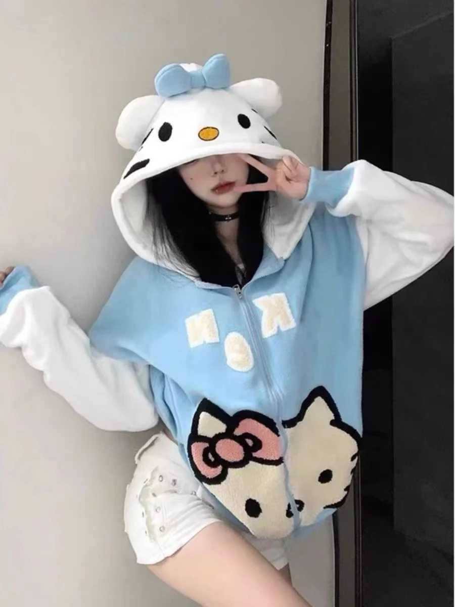 College Style Sweet Cool Kawaii Hooded Hoodies Women's Cartoon Print Loose Oversize Cardigan Jacket Autumn and Winter New 2024