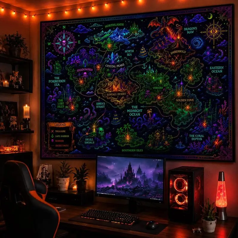 VIKAMA Neon Fantasy Map Pirate Dragon Wall Tapestry Black Background Colorful Treasure Island Compass Skull Ship UV Blacklight