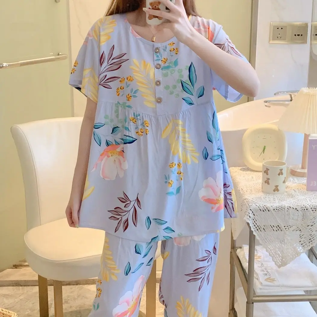 Thin Cotton Silk Sleepwear Women\'s Set Summer New Large Size Loose Air-conditioned Suit Korean Sweet Home Clothes Set for Women