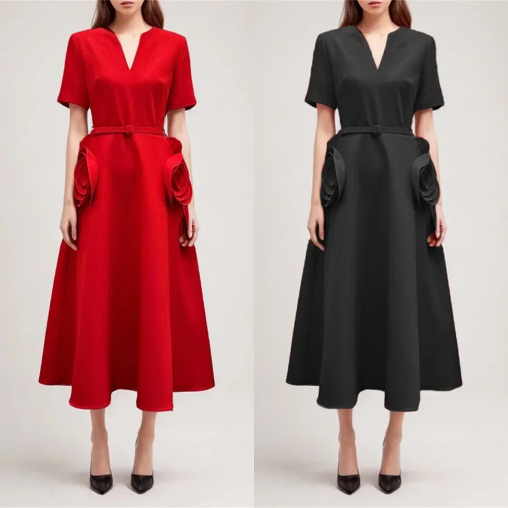 

Customized Jersey Modern Style Pleat Flower A-line V-neck Midi Dresses Evening Dresses Classic Exquisite Modern Style Pastrol Un