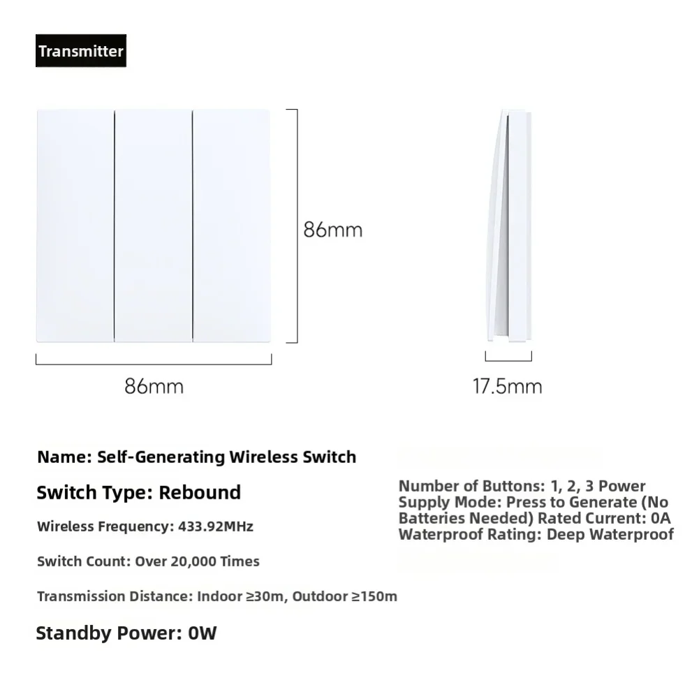 Wireless Self Generating Remote Control Switch For Home Lighting Waterproof ABS Wall Switch With Portable Controller