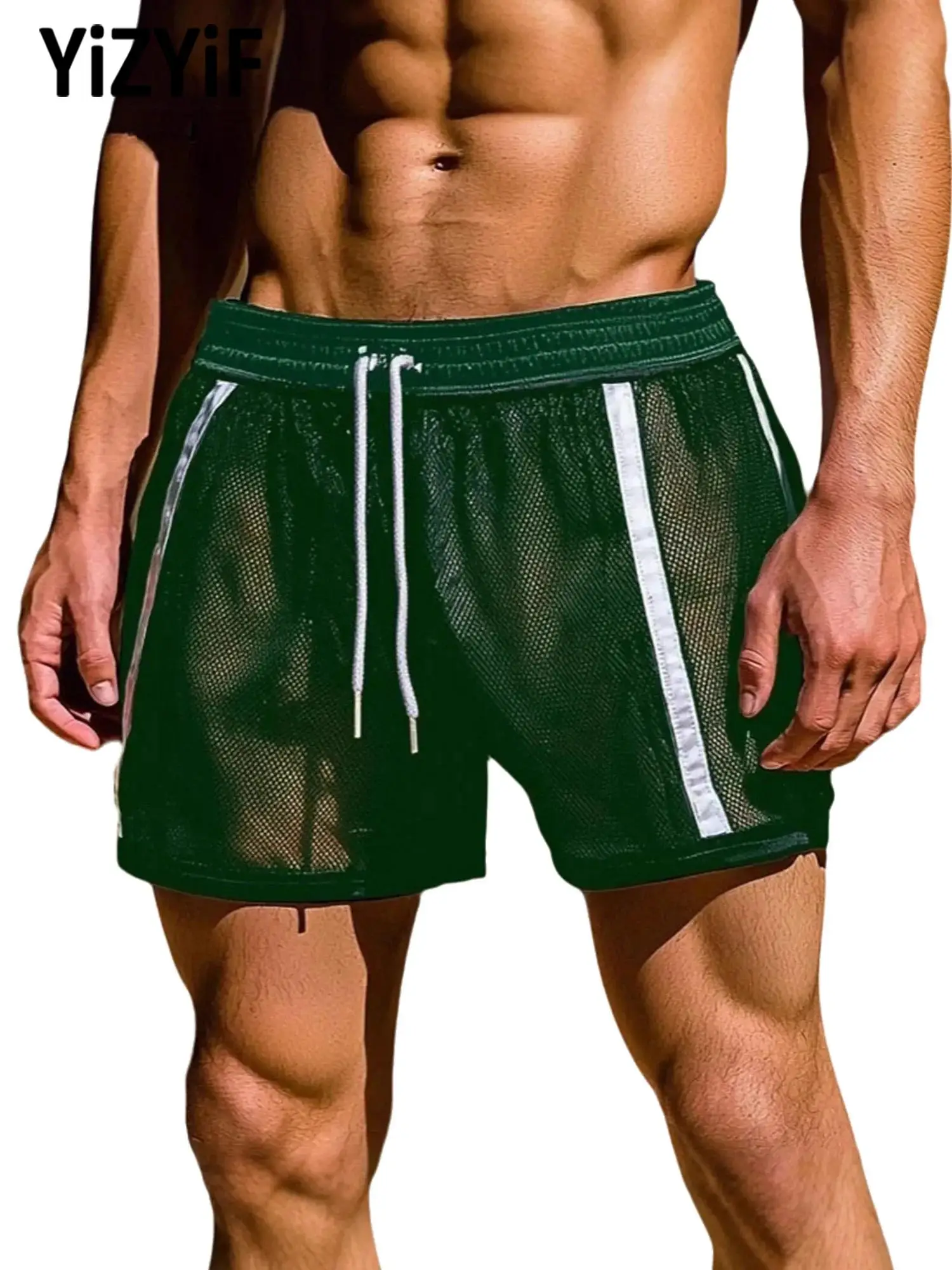 Men Hollow Out Mesh Shorts Drawstring Elastic Waistband Color Block Stripes Breathable Lightweight for Sports Summer