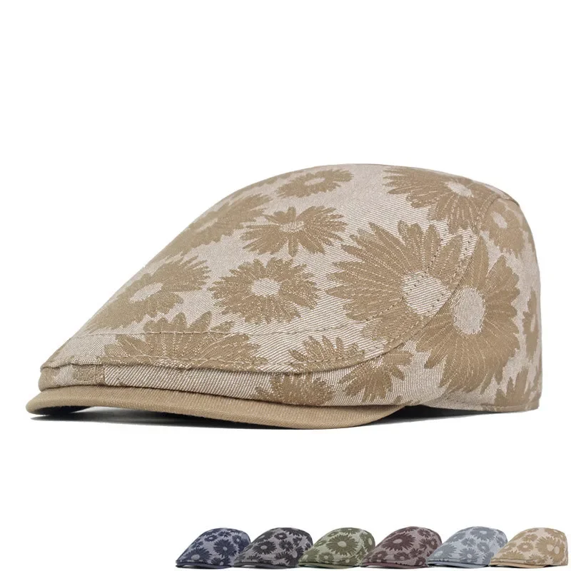 Spring and Autumn Cotton Flower Print Newsboy Caps Flat Peaked Cap Men and Women Painter Beret Hats 168