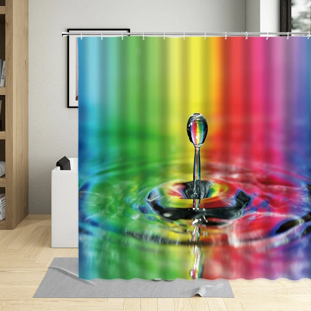 Abstract Rainbow Lines Water Drop Shower Curtain Colorful Art Poster Raindrops Bubble Creative Waterproof Bathroom Curtains Set