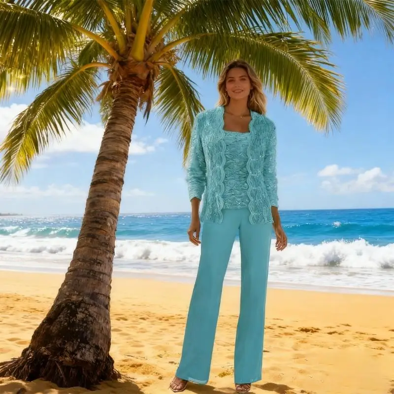39BC Women's Wedding Guest Pant Suit 3 Piece Set with Lace Accents Trousers Top Sequined 3/4 Sleeve Included