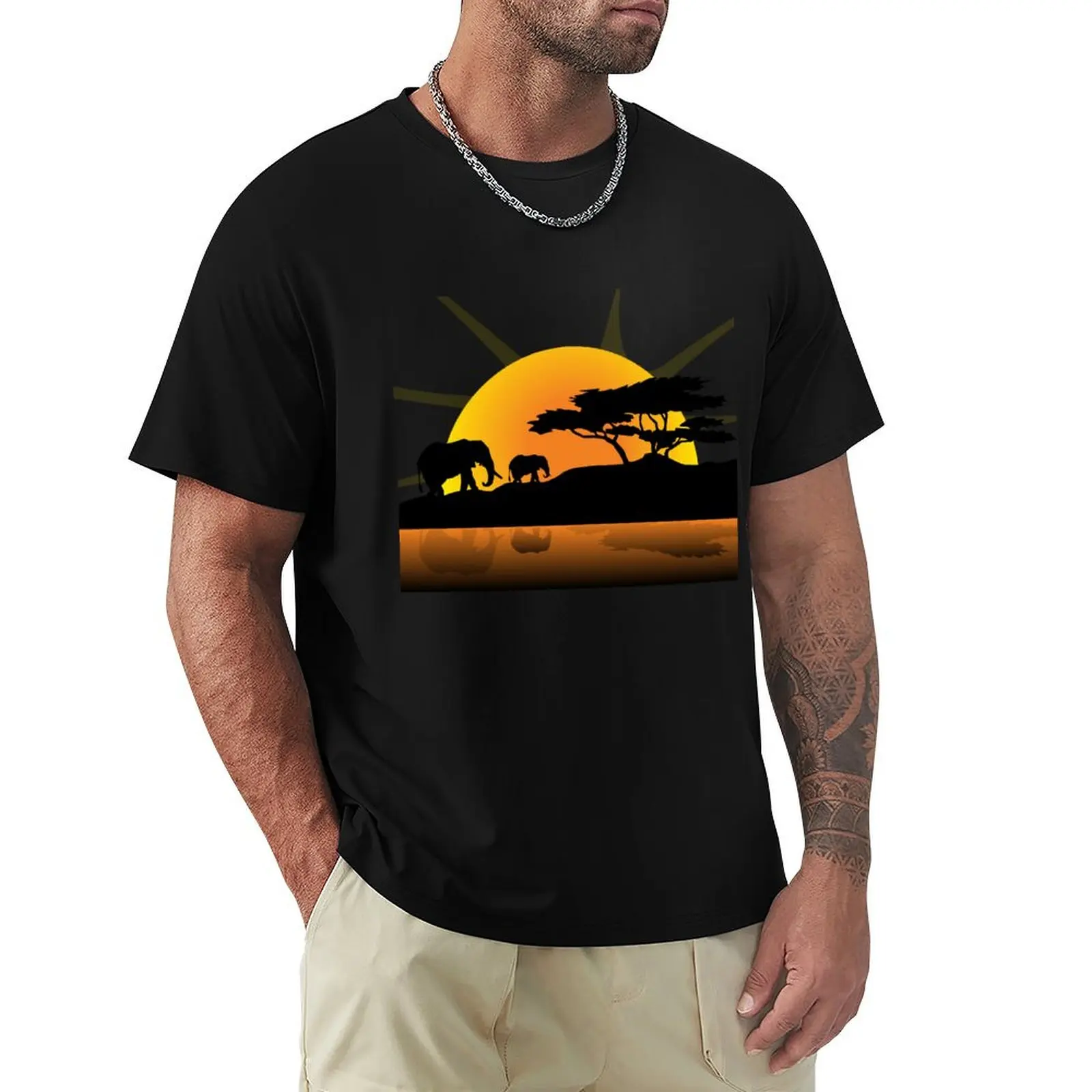 

Wild Animals on African Savanna Sunset T-Shirt graphics T-shirts man plus size men clothing