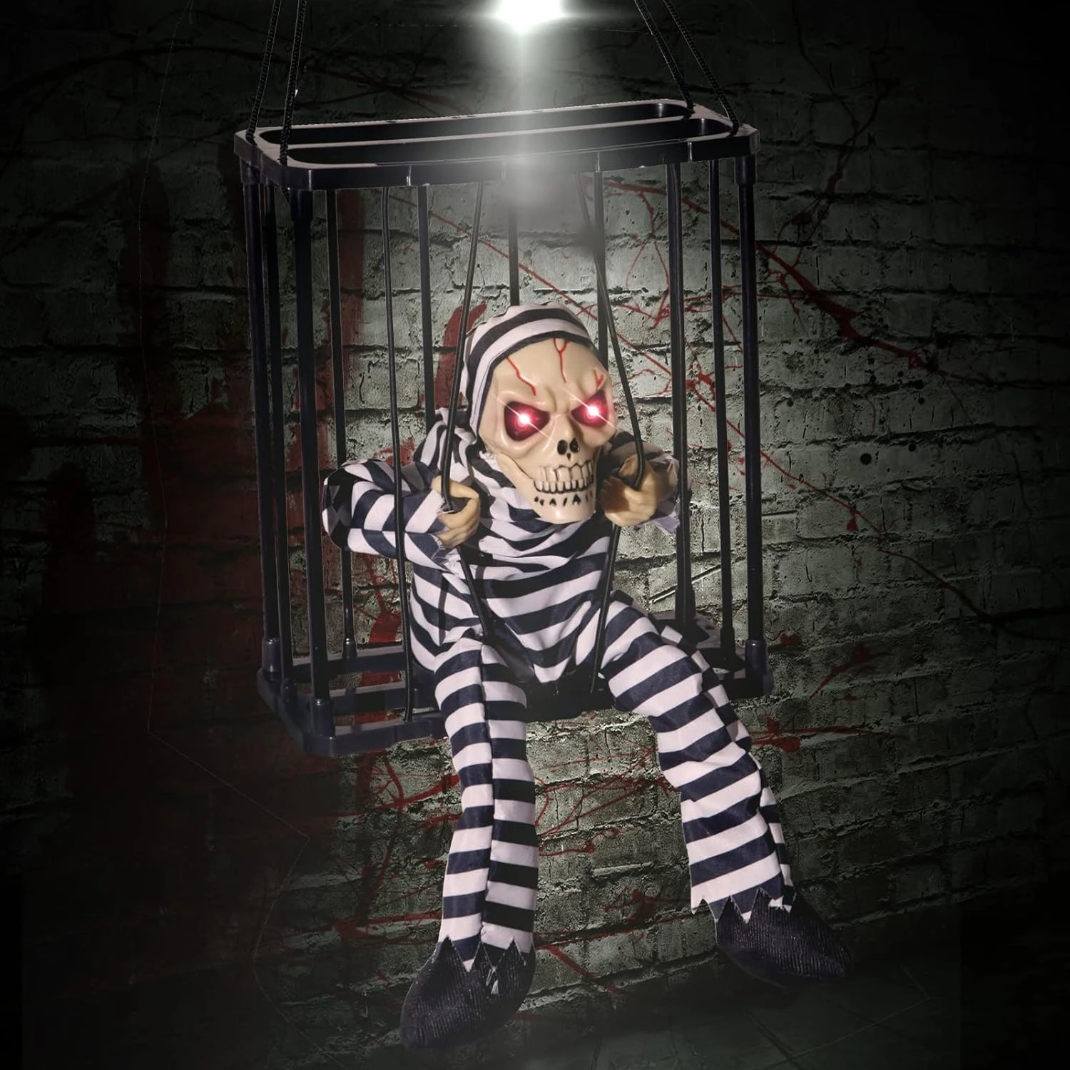 

Creepy Spooky Scary Outdoor Halloween Decoration Set with Motion Sensor - Decorative Prisoner Cage Hanging Skulls and Light Up E