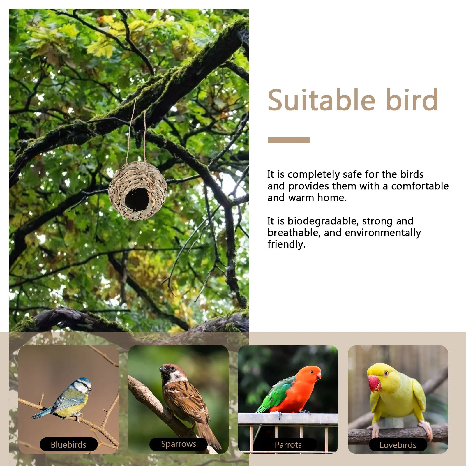 

1Pcs Creative Spherical Bird Nest Hanging Straw Woven Decorative Bird House Natural Outdoor Pet Birds Perching Breeding Nest