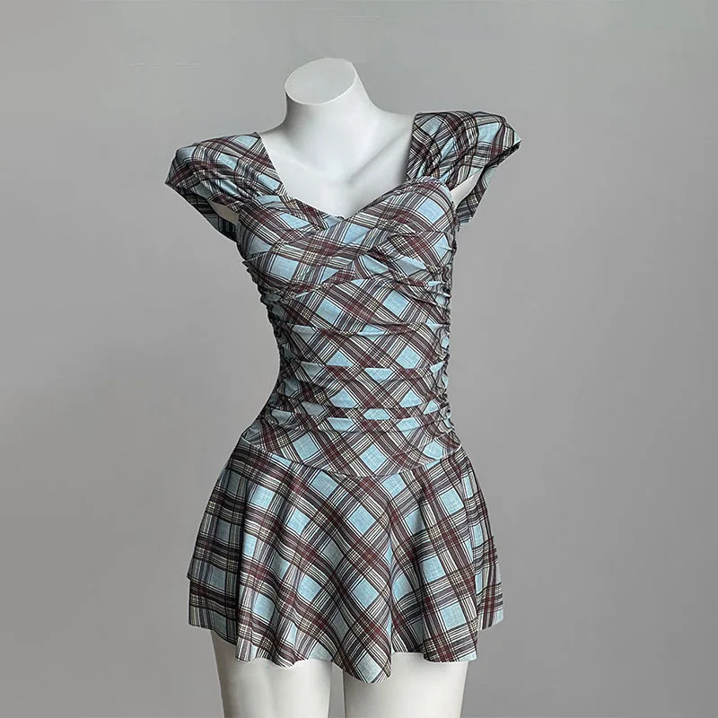 American Retro Plaid One-piece Swimsuit Women Y2k Sexy Slim Mini Beach Skirts Swimwear Kawaii Girls Summer Holiday Bathing Suit