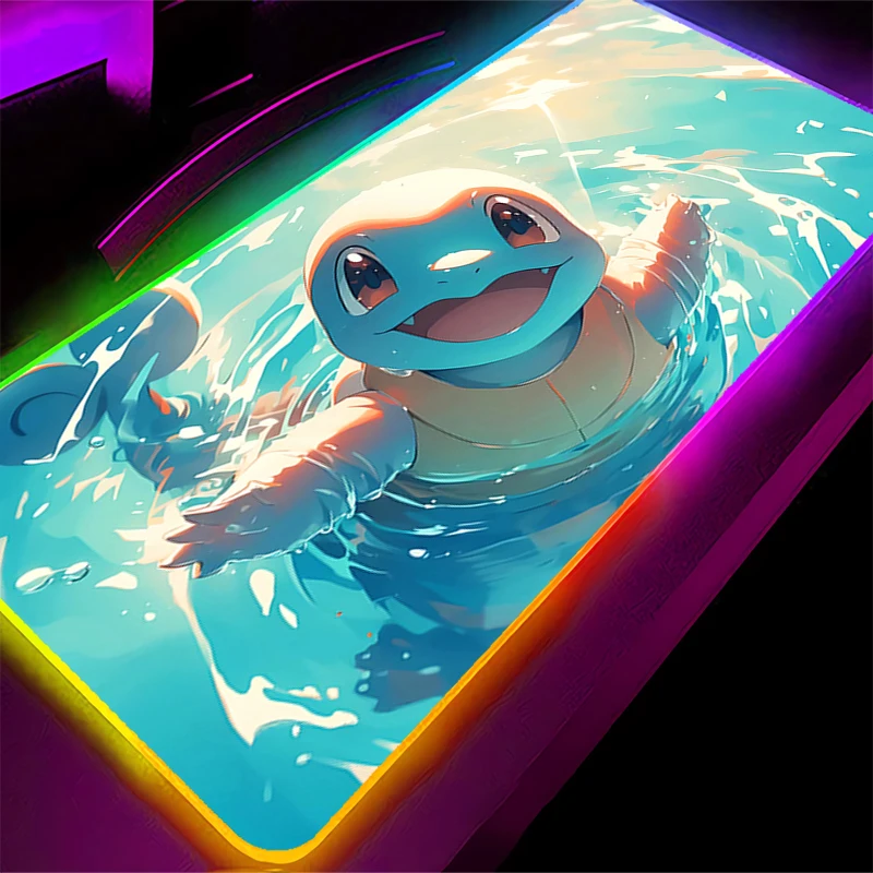 RGB Backlight Mouse Pad Pokemon Squirtle Gamer Large LED Computer Lock Edge Mousepad Carpet Gaming Accessories Keyboard Desk Mat