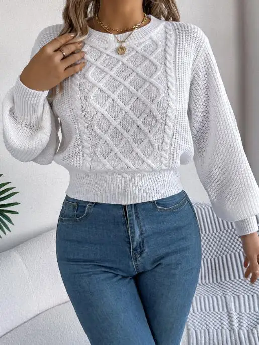 

Autumn and Winter New Solid Round Neck Diamond Fried Dough Twists Knitted Sweater Women's Elegant Fit Solid Knitted Sweater