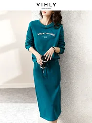 Vimly Peacock Blue Sweatshirt Skirt Two Piece Sets for Women 2023 Autumn Long Sleeve Tops Midi Split Skirt Fall Outfits V3955