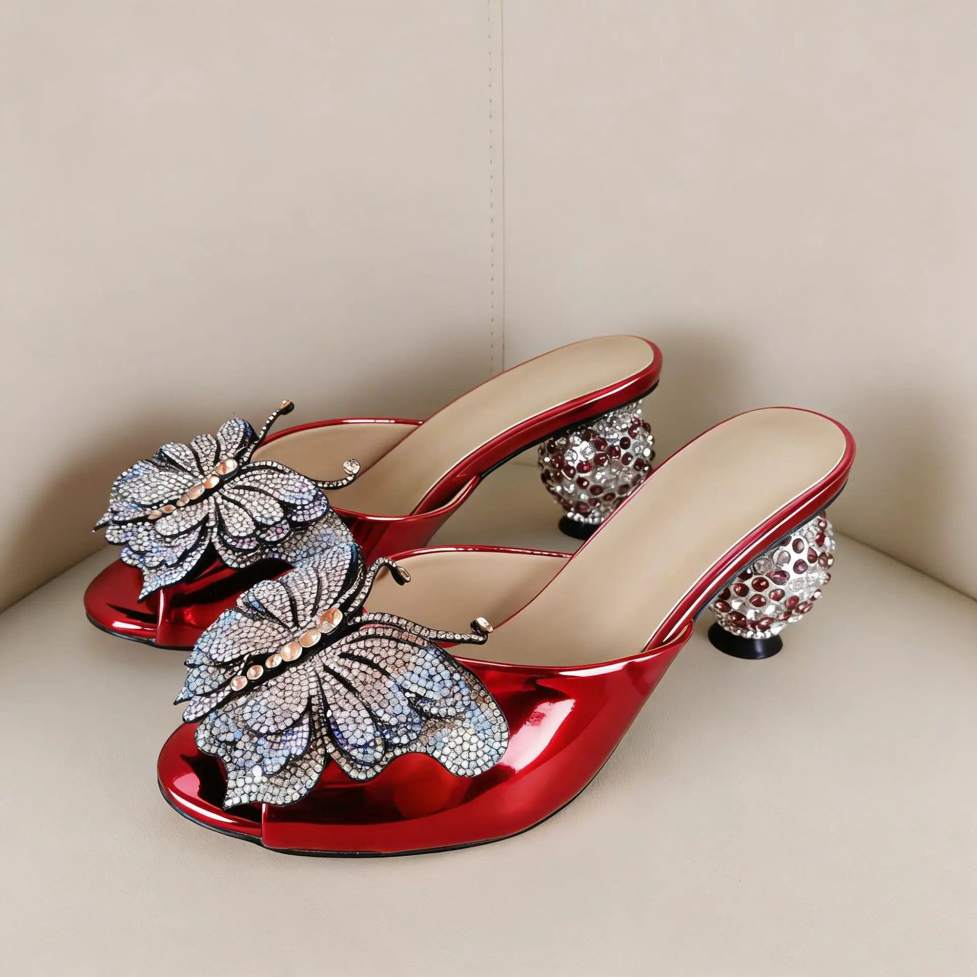 

Women's Crystal Butterfky Mules Slippers Peep Toe Patent Leather Rhinestone Ball Heel Summer Bohemian High Heel Modern Slippers