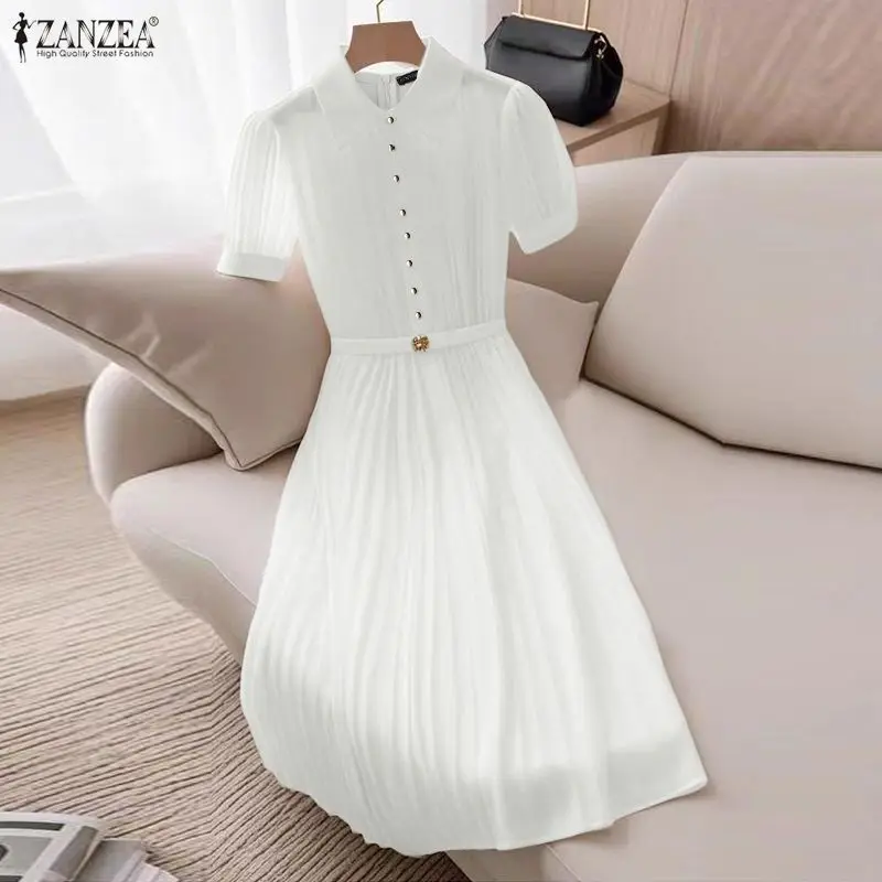 ZANZEA فستان كاجوال المرأة الصيف قصيرة الأكمام فضفاضة الصلبة الركبة طول فستان الشمس 2026 موضة مطوي أنيقة مكتب سيدة Vestidos #3