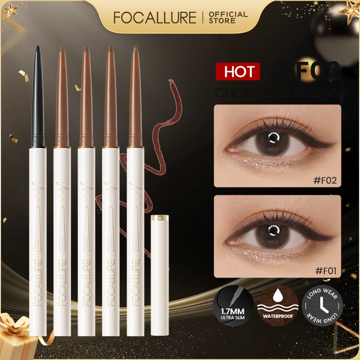 FOCALLURE Waterdichte Ultraslanke Eyeliner Gelpotlood Zacht Hoog Pigment Professionele langdurige Ogen Liner Make-Up Tool Cosmetica