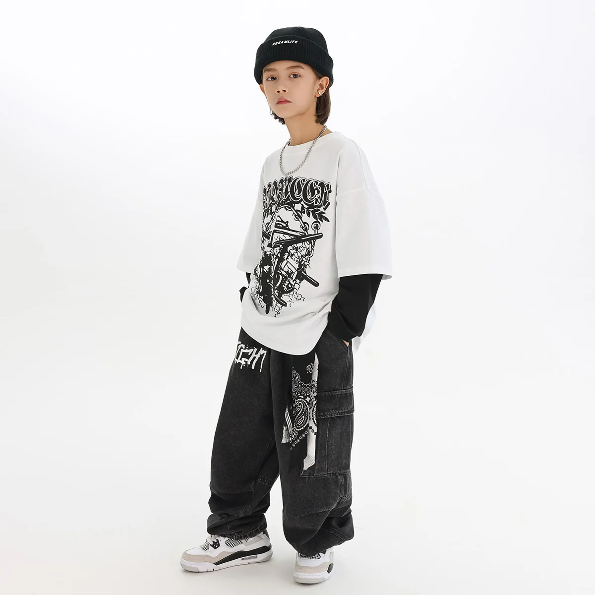 2025 novos meninos trajes de dança jazz solto impressão camiseta jeans crianças dança rua hip hop dança grupos trajes palco dn21859