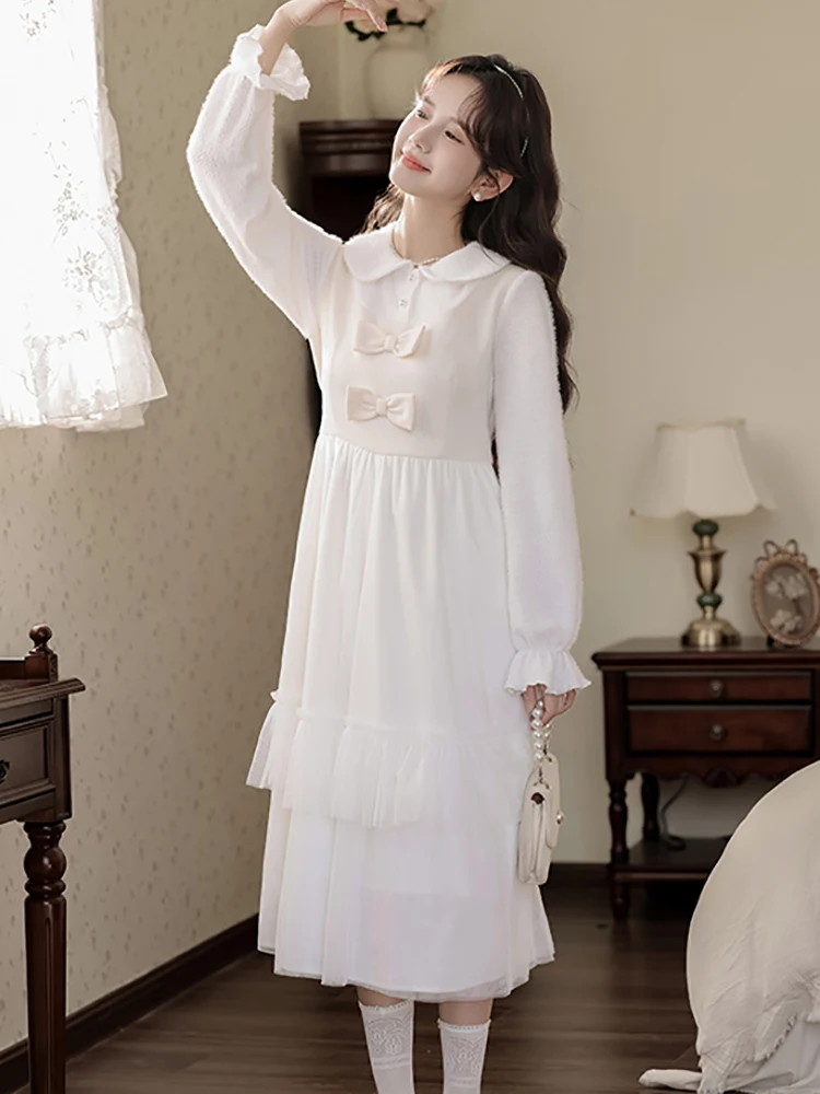 Robe mi-longue à volants en maille pour femmes, avec nœud blanc, Patchwork, manches longues, col de poupée, tenue décontractée, automne hiver, robes moulantes coréennes, 2025