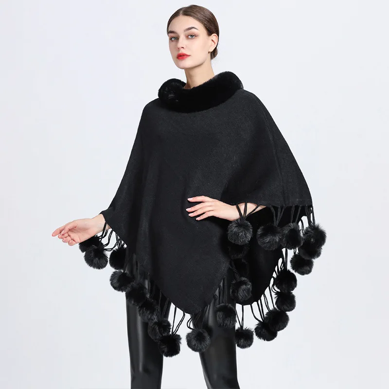 Women Cashmere Feel Poncho Lady Rex Rabbit Faux Fur Collar Pullover Coat Autumn Warm Cloak with Rabbit Hair Ball Knitted Shawl