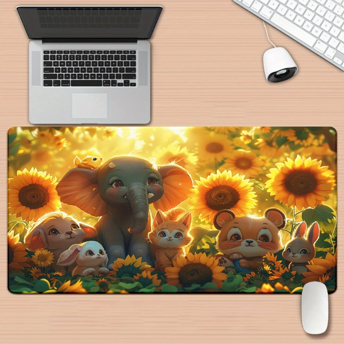 

1 шт. Коврик для мыши Elephant and Youngsters in Sunflower Field XXL — нескользящая резиновая основа, большой настольный коврик для офиса и игр, яркий