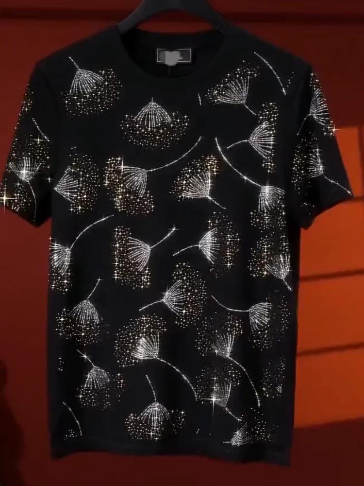 

Мужская летняя футболка с круглым вырезом и стразами, модная, приталенная, тонкая, с коротким рукавом, стильная, премиум-качества