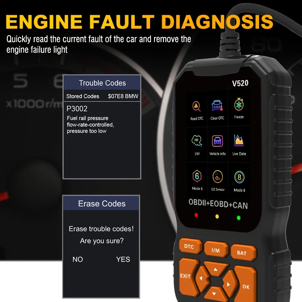 V520 Professional Advanced Obdii/Eobd Car Diagnostic Scan Tool, Battery Tester, I/M Readiness, Fault Code Eraser, Suitable for a