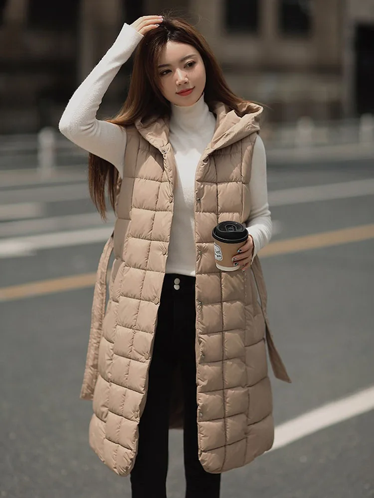 Autumn Winter Waistcoat Women Long Vest Parka Down Cotton-padded Jacket Sleeveless Hooded Outerwear Female Loose Belt Warm Coats