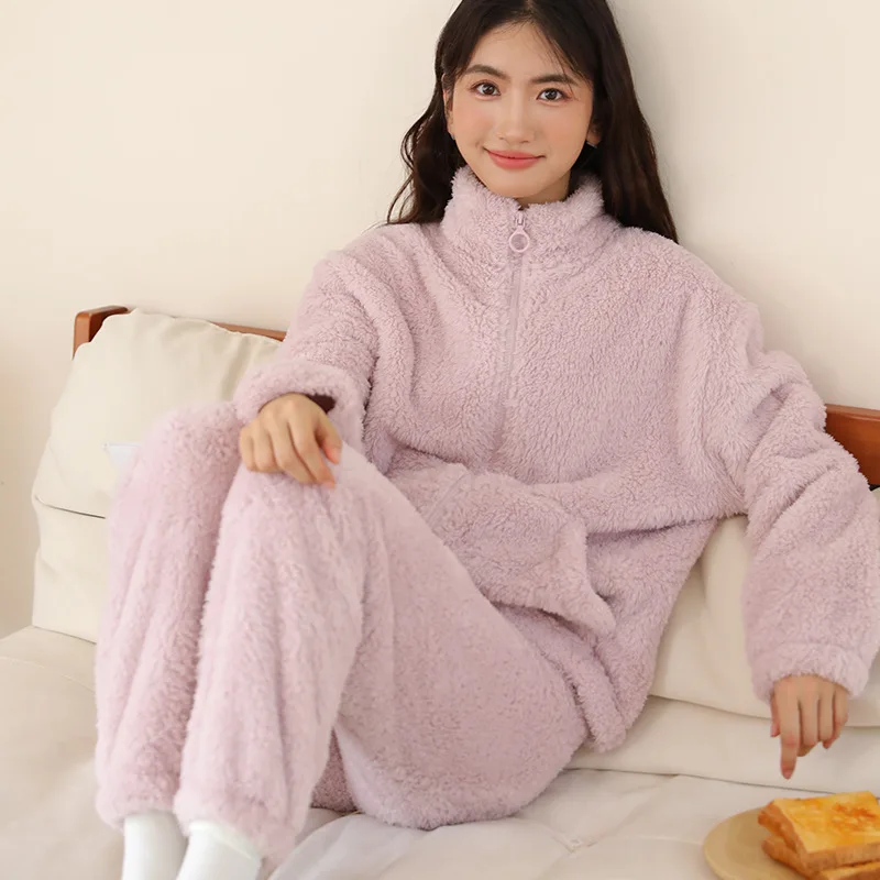 

Winter Warm Coral Fleece Women Pajamas Set Thickened Flannel Long Sleeve High Collar Trouser Pijamas Suit Loose Flannel Homewear