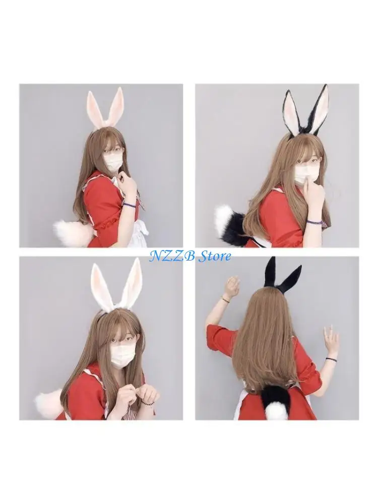

T21F Comic-Show Hairhoop Rabbit-Ear Hairband Plush Headband Lolita-Style Costume Headdress Girl Female Cosplay Party Headwear