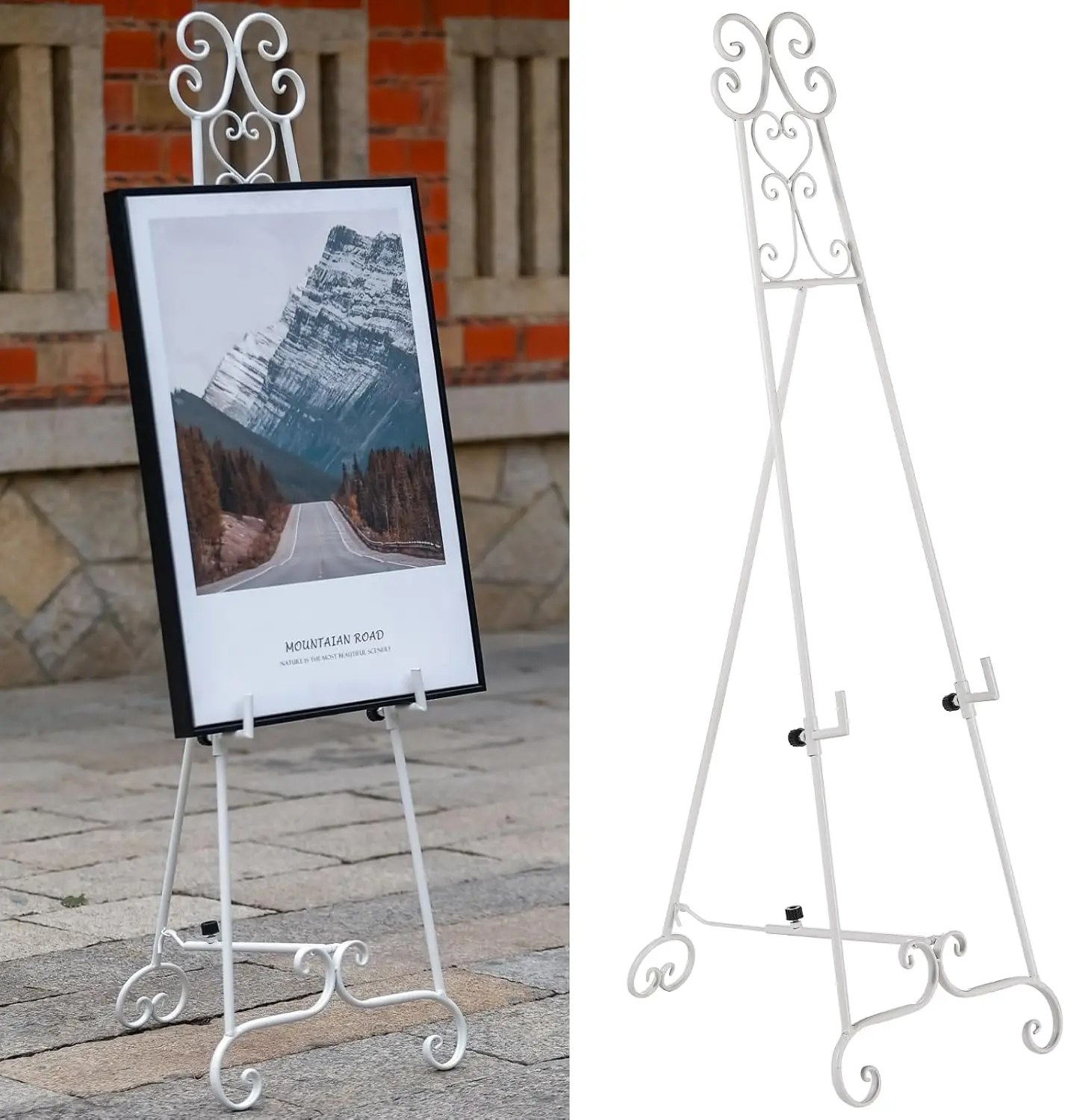 

Metal Free Standing Adjustable Display Stand Scroll Easel with Chain Support, White Easel Stand for Sign, Wedding, Picture