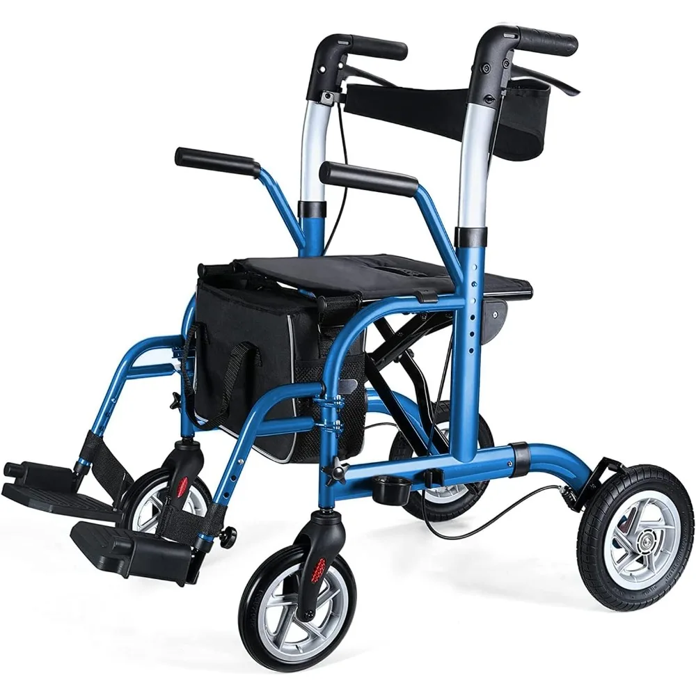 2 in 1 Rollator Walker for Seniors-Medical Walker with Seat Folding Transport Wheelchair Rollator with 10