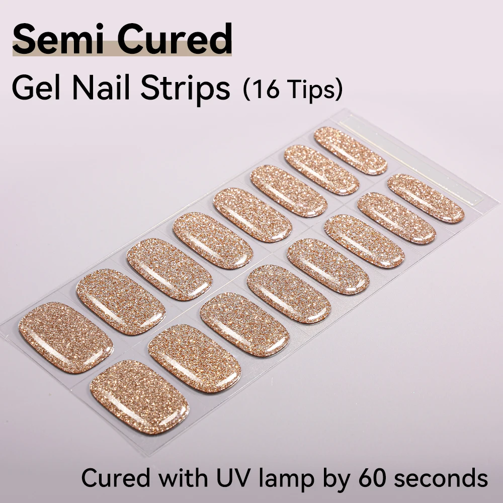 16 Tipps glitzernde, glänzende, halbgehärtete Gel-Nagelstreifen, rosa, nackte Glitzer-Gel-Nagellackaufkleber für Nägel, funktioniert mit UV-/LED-Nagellampen