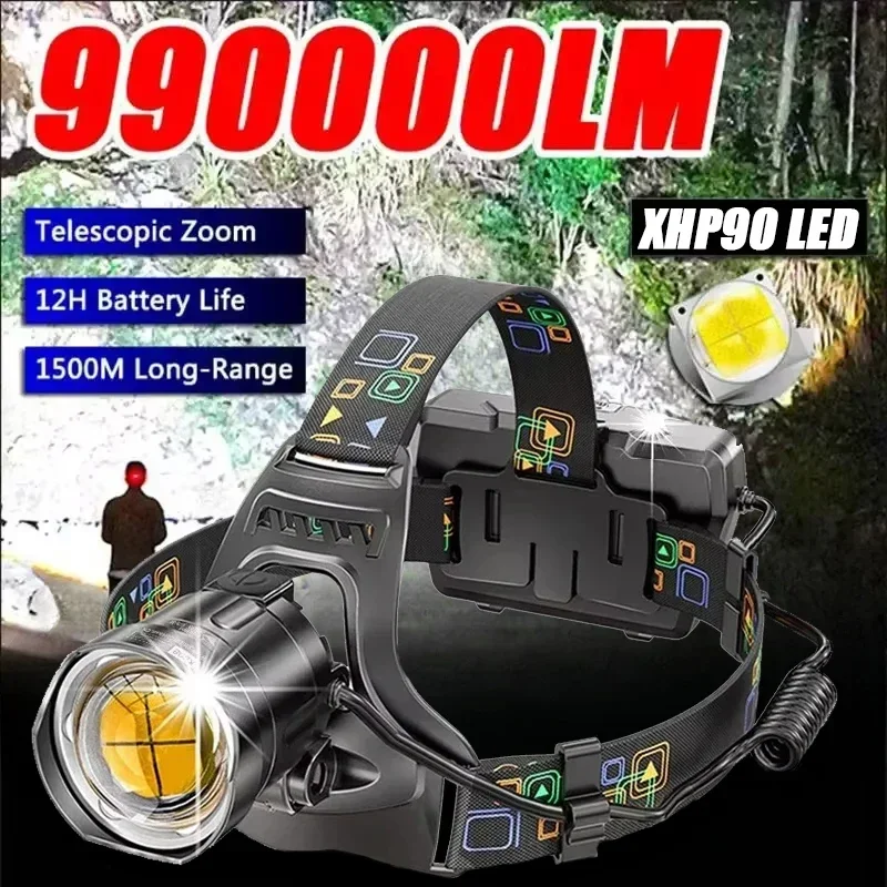 Super Bright LED Headlamp XHP90 Lamp Beads Waterproof Headlight Power Display Headtorch Suitable Exploration Hunting Fishing