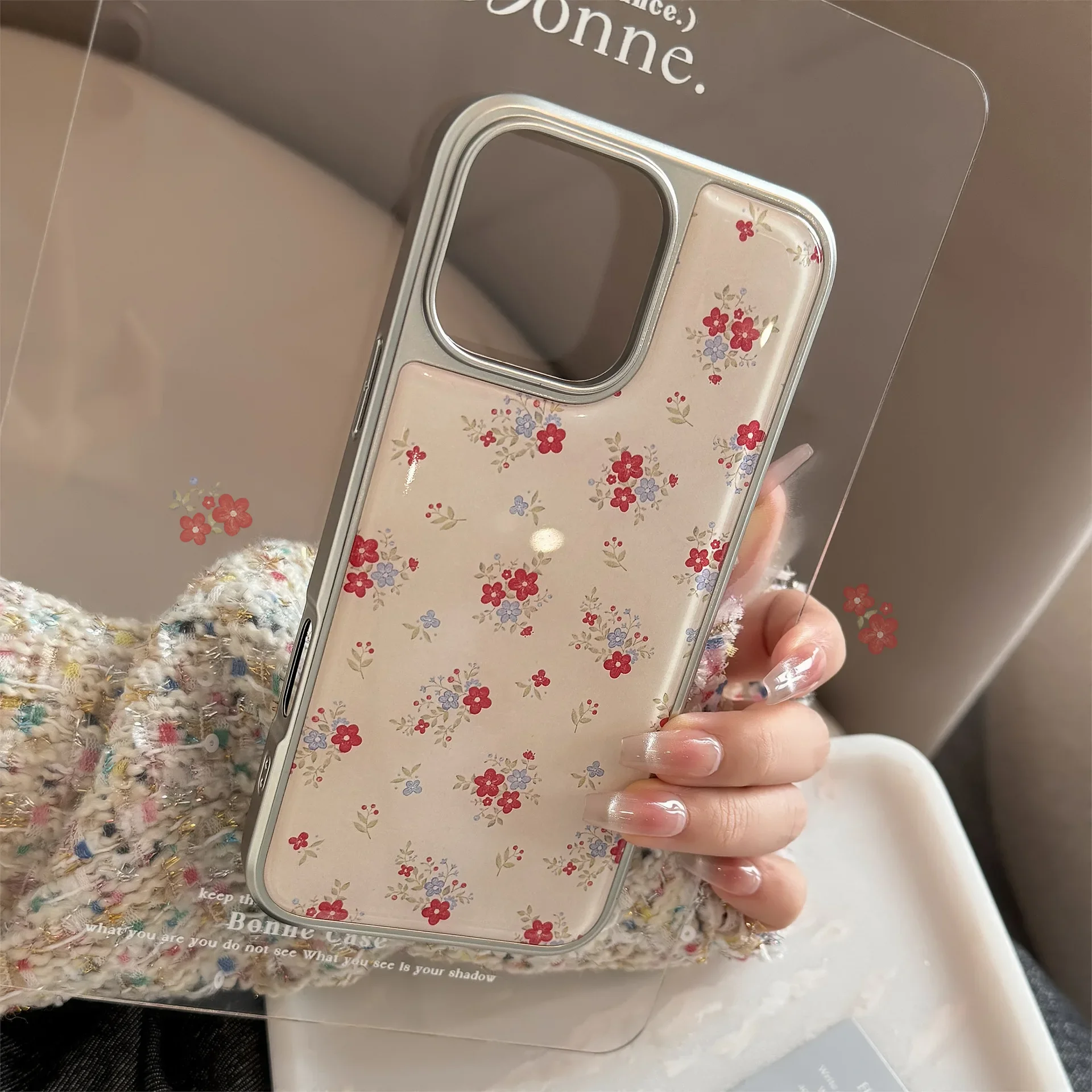 Koreanische Vollbild-Blumen-Blumen-Silberrand-Tropfenkleber-Handyhülle für iPhone 17, Air 12, 13, 14, 15, 16 Pro Max Plus, stoßfeste Abdeckung
