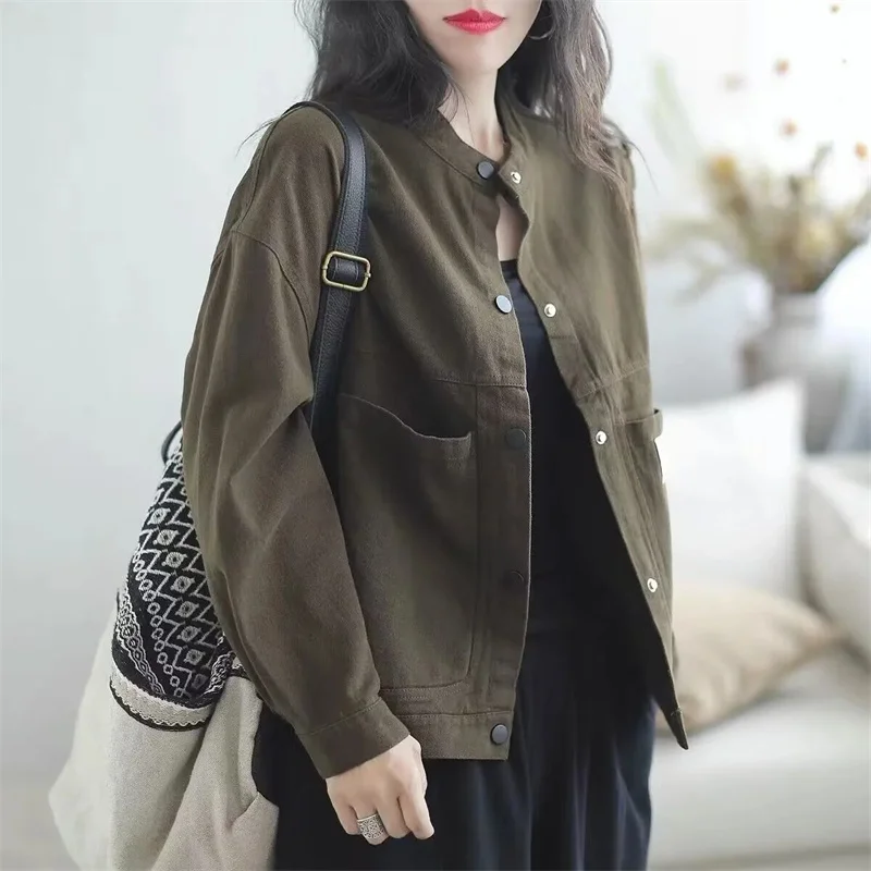 

Spring Autumn Female Solid Color Tops Coat 2025 Ladies Round Neck Large Size 4XL Outwear Retro Women Fashion Long Sleeves Jacket