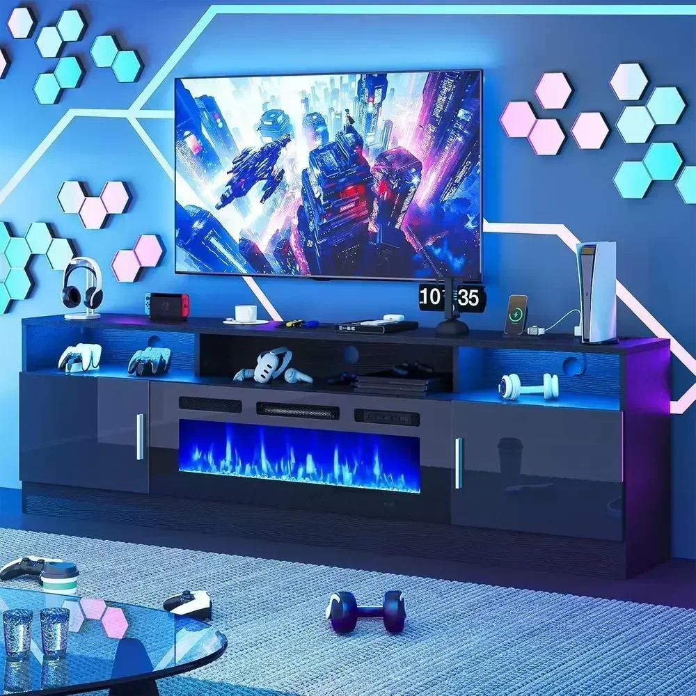 70-80 TV Stand with Power Outlet, LED-lit Entertainment Center, Storage Cabinet, Media Table for Living Room in Black