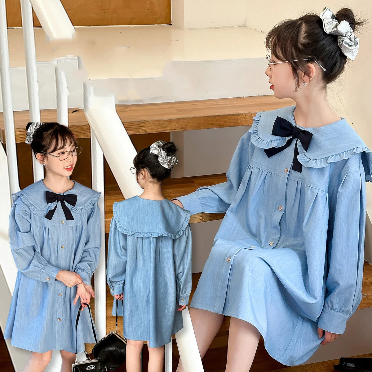 الكورية الخريف الاطفال الفتيات فستان Bowknot بيتر بان طوق المراهقات فستان من قطعة واحدة واحدة الصدر الأطفال الفتيات فستان #4