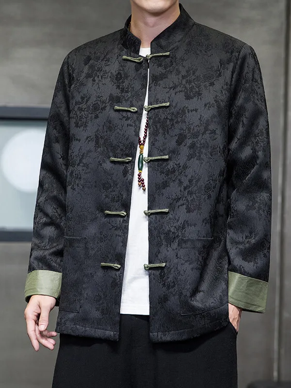 Casual Spring Autumn Chinese Sle Jaet Men's Youth Embroidered Button up Outerwear Stand Fit Long Sve Stand Collar