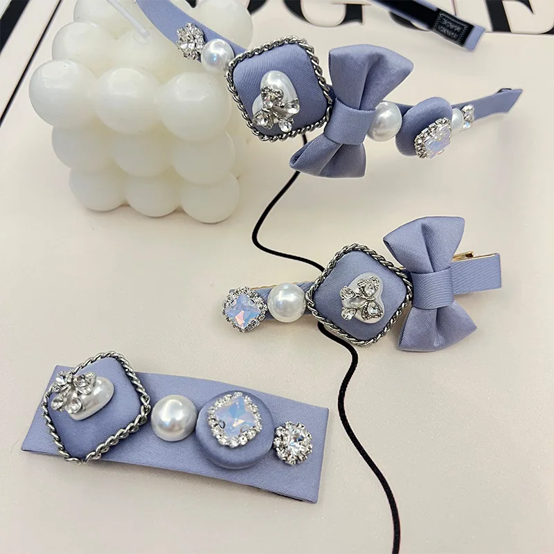 Korean Hair Accessories High Feeling Sky Blue Cloth Bow Rhinestone Imitation Pearl Gentle BB Clip Girl Hair Hoop Sisters Gift