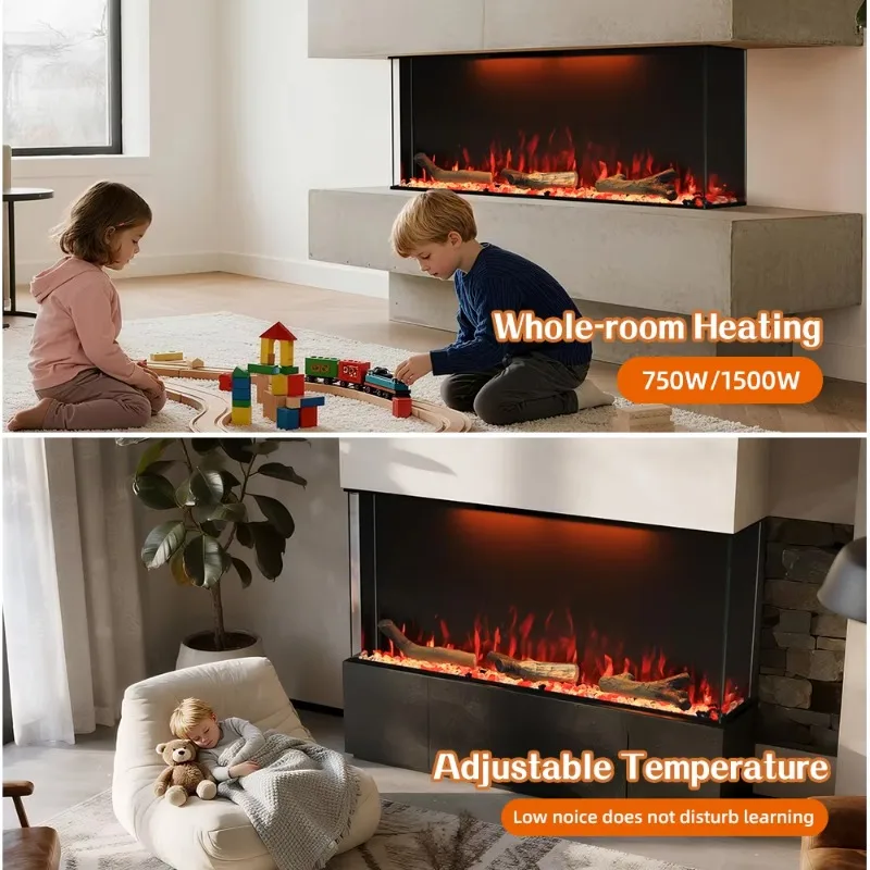 Modern Style 3 Sided Electric Fireplace Smart Control Tempered Glass 400 SQ FT Heating Class Energy Efficiency Built-In Heater