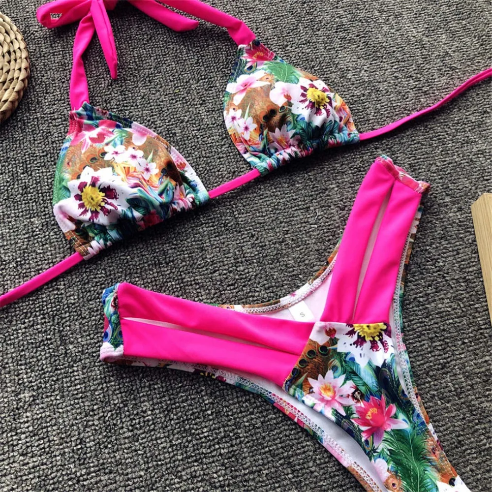 Neues zweiteiliges Bikini-Set, gelb-rosa, mit floralem Muster, brasilianischer Bikini, Damen-Badebekleidung, Badeanzug, Badebekleidung, V1199. – Detail 15