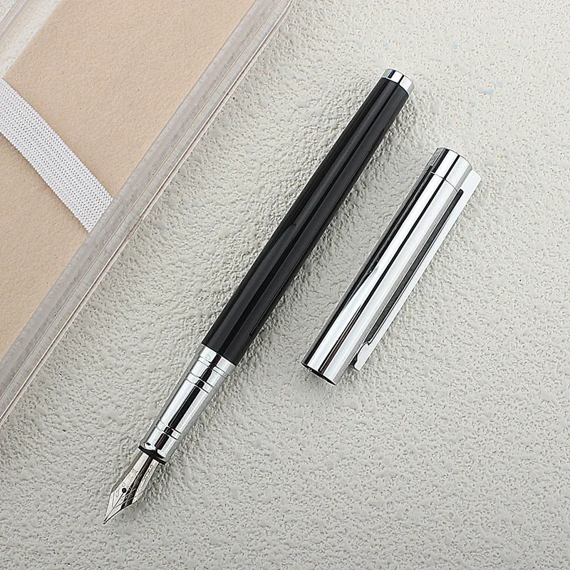 Pluma estilográfica de Metal plateado negro de lujo, bolígrafo puntiagudo para estudiantes y adultos, oficina, escritura y práctica de escritura, pluma de tinta de escritura