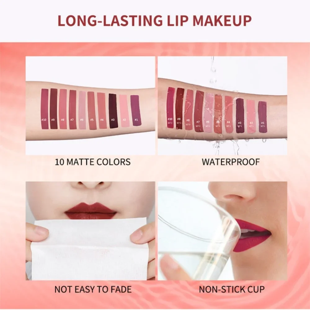 チョコレートリップグロスセット ベルベットマットリップグレーズ 防水 汗に強い 長持ち カップに付かない 女性用メイクアップ化粧品
