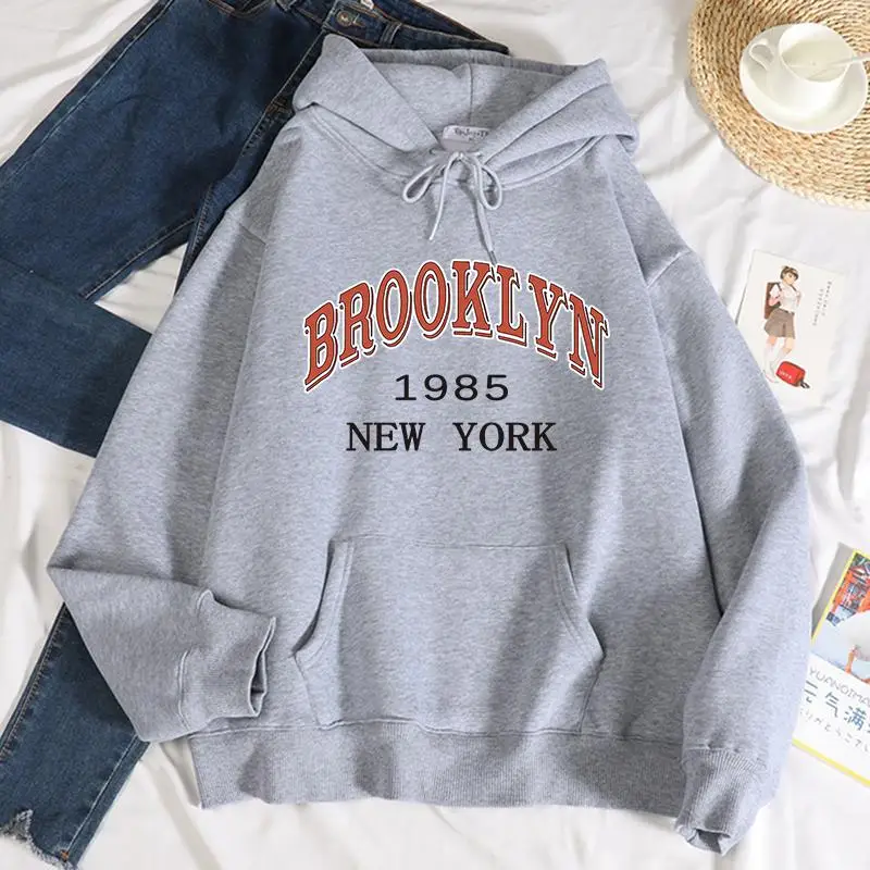 

Fashion Women Hoodie Brooklyn 1985 Printed Pullover Unisex Drawstring Pocket Fleece Sweatshirts Classic Stylish Female Clothing